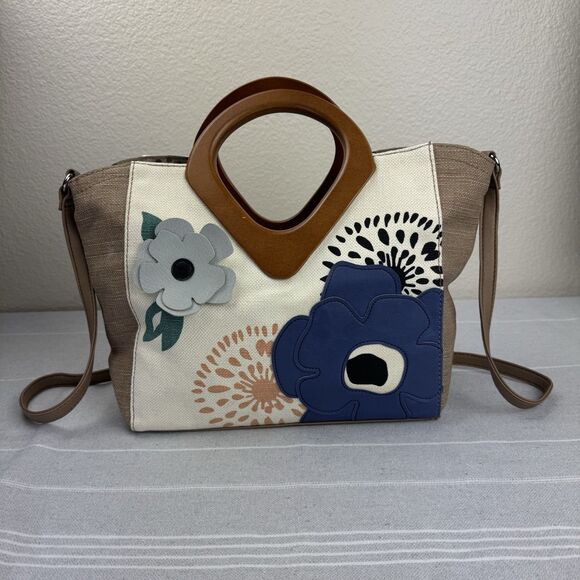 Relic Fossil 3D Floral Embellished Canvas Handbag Crossbody Tote Wooden Handle - Picture 1 of 13